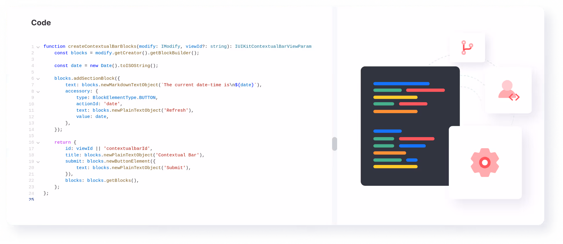 Code snippet defining a function to create contextual bar blocks with a refresh button displaying the current date, alongside icons of a code branch, user with code symbols, and a gear.