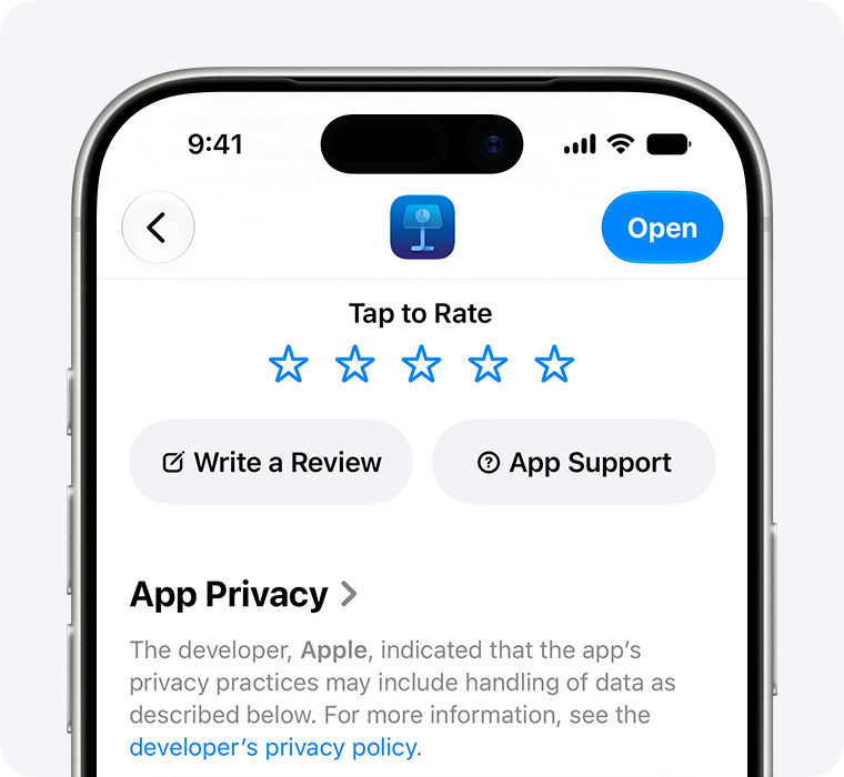 On an iPhone, the app description page for Keynote is showing. At the top you see 5 stars you can use to rate the app, a button to write a review, and a button for App Support.