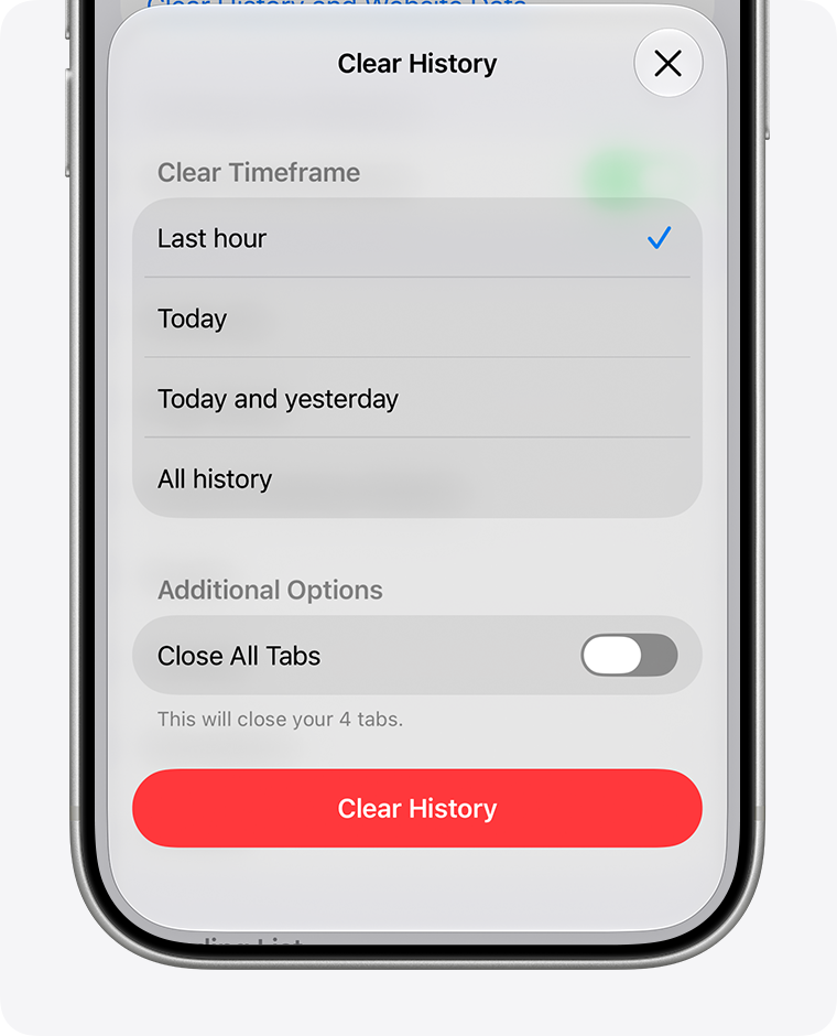 iPhone screen showing Safari's Clear History menu with options to clear history for different timeframes. The Clear History button is at the bottom of the screen.