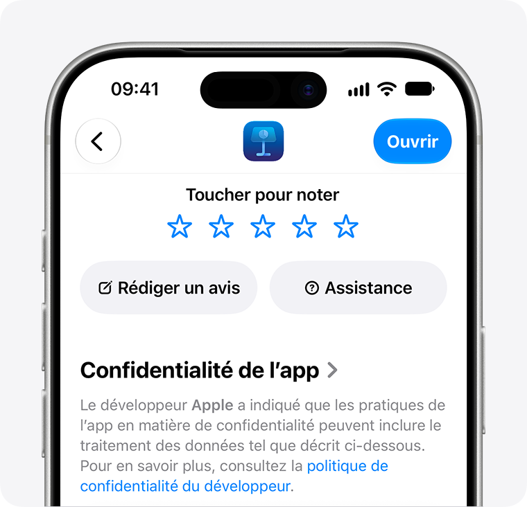 Sur un iPhone, la page de description de l’app Keynote s’affiche. En haut de la page, vous voyez 5 étoiles permettant d’évaluer l’app, un bouton pour écrire un avis, ainsi qu’un bouton Assistance.
