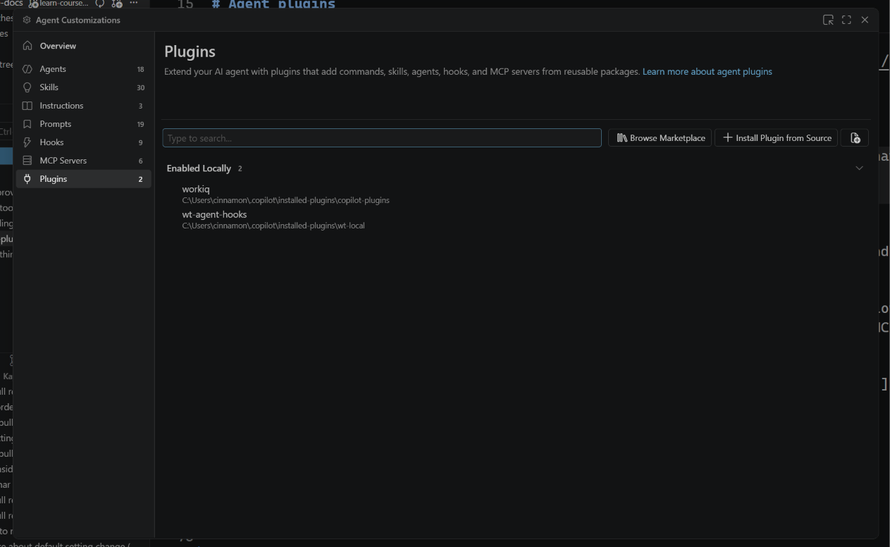Screenshot of the Agent Customizations editor showing installed plugin content.