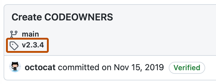Captura de tela de um resumo de commit. O ícone de tag e "v2.3.4" são destacados em contorno laranja.