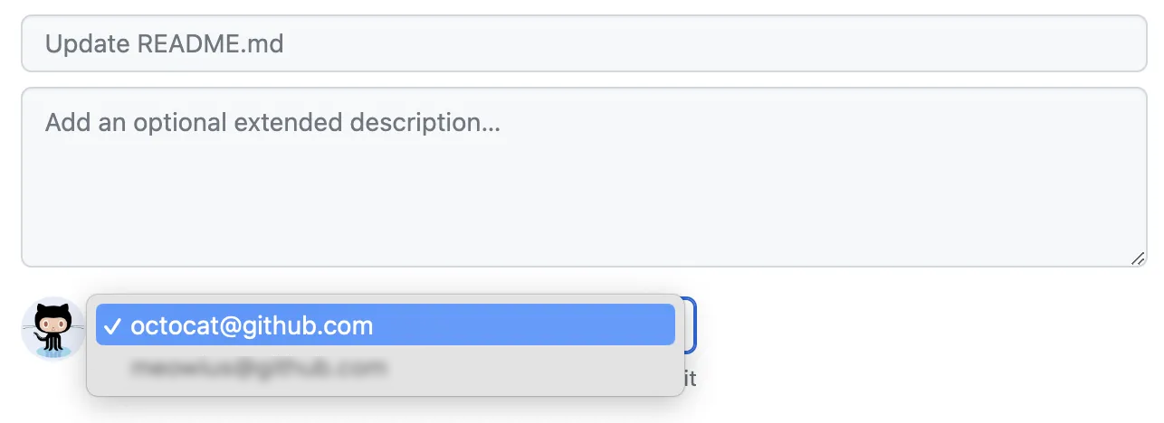 GitHub pull request のスクリーンショット。コミット作成者のメール アドレスを選ぶためのオプションを含む、ドロップダウン メニューが表示されています。
octocat@github.com が選択されています。
