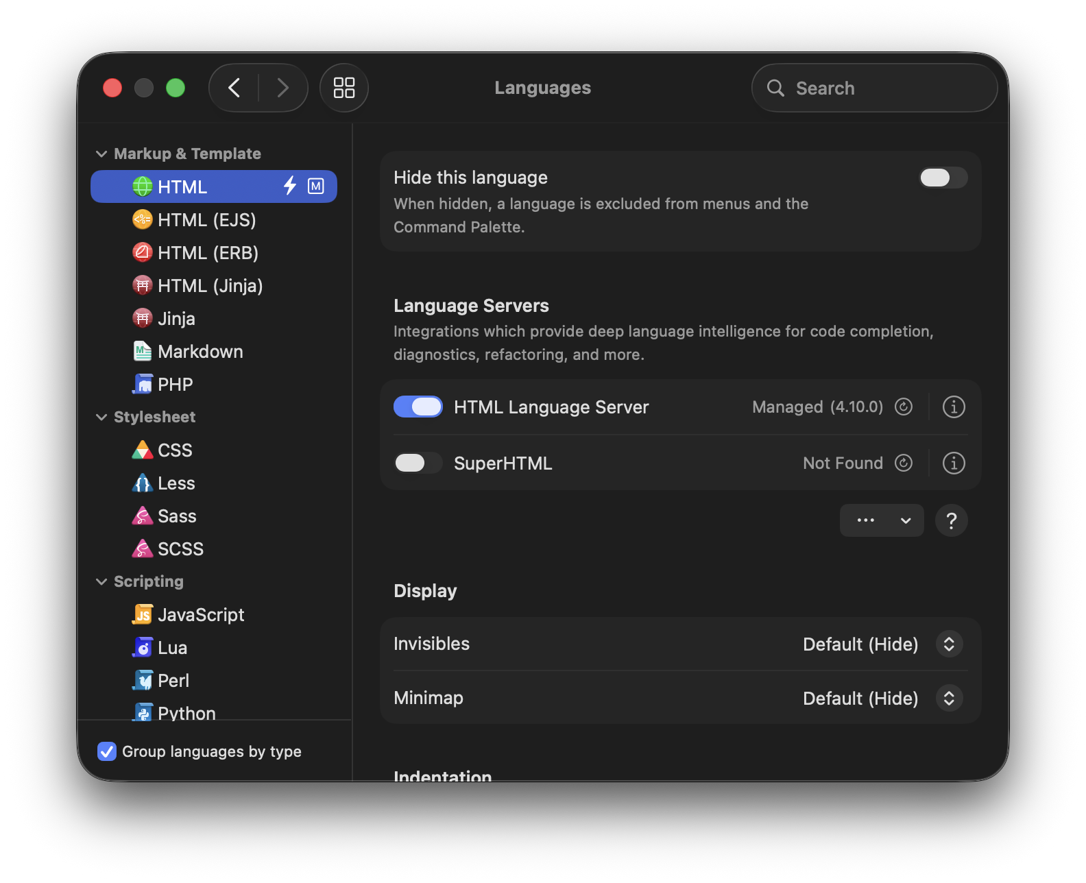 Nova's Languages Settings pane. Nova's Languages Settings pane.
