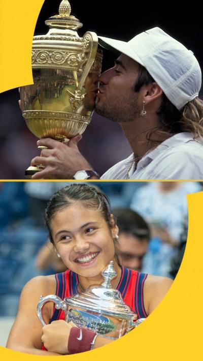 Split image of Andre Agassi with the Wimbledon trophy in 1992 and Emma Raducanu with the US Open trophy in 2019