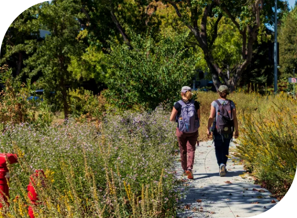 Two people with backpacks walk along a paved path bordered by wildflowers and lush green trees.