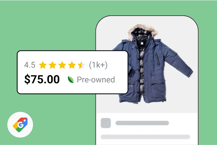 Mobile interface mockup showing a pre-owned blue winter coat priced at $75.00 with a 4.5-star rating.