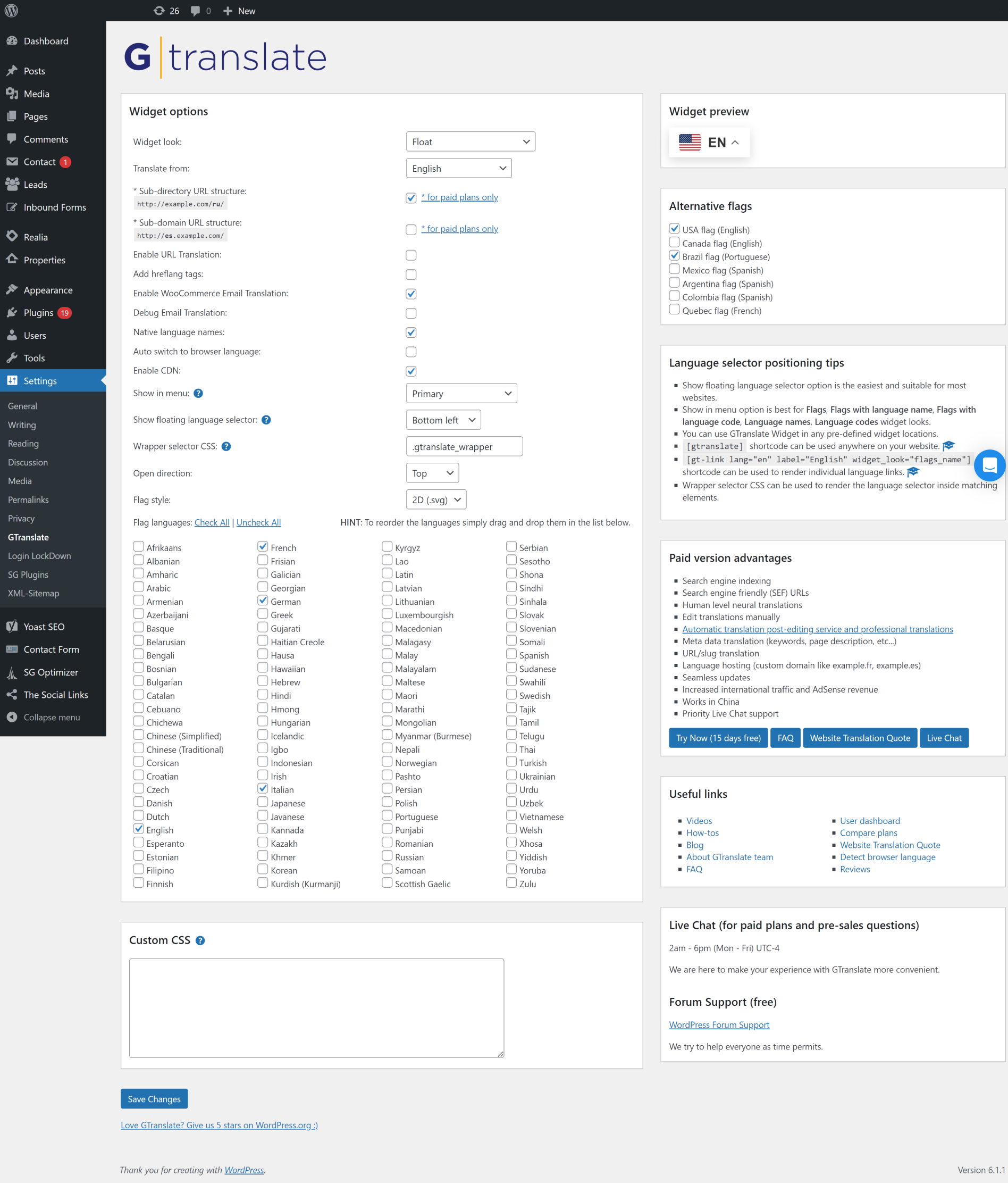 Settings page